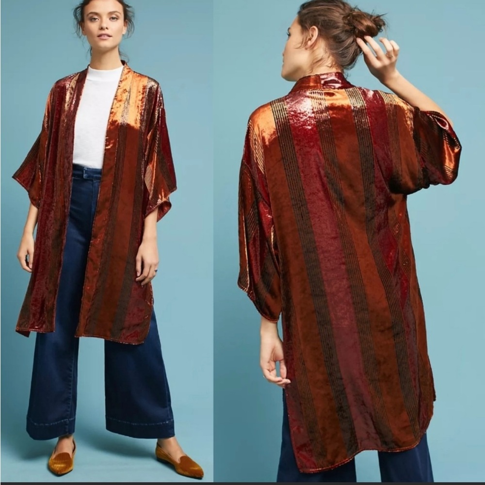 Anthropologie ett:twa Copper Longline Velvet Kimono XS/S Standard